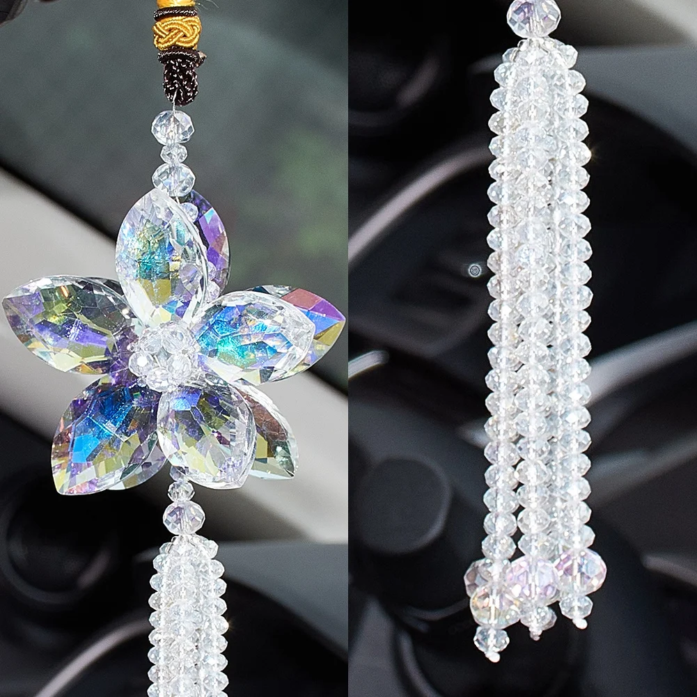 Crystal Flower Car Hanging Ornament Auto Car Rear View Mirror Car Pendant  Decor