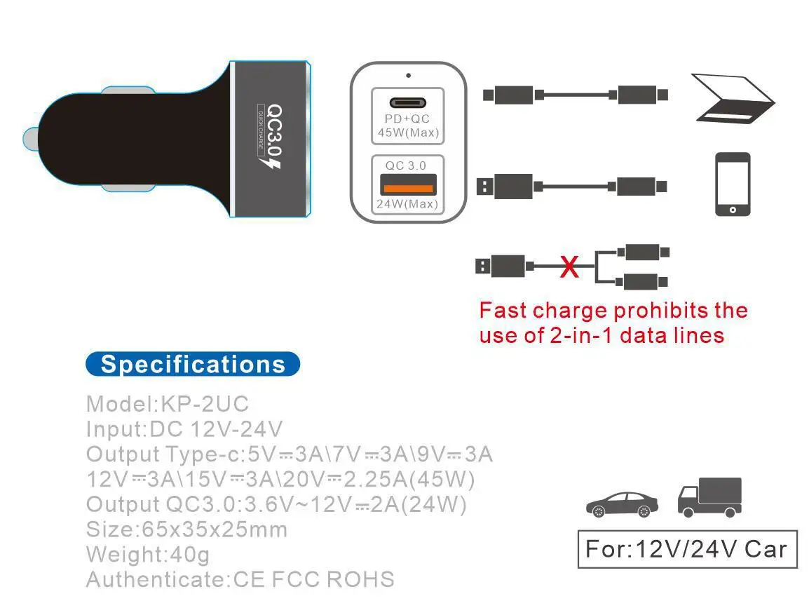 PD автомобильное зарядное устройство для ноутбука Тип-c автомобильное зарядное устройство USB-C QC3.0 зарядное устройство 45W+ 24W