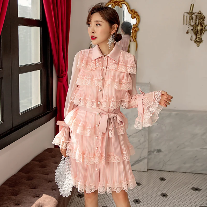 

YIGELILA Patchwork Lace Bandage long Sleeves Dress Turn-down Collar Lady Sweet Dress Knee-length Flare Sleeves dress 64819