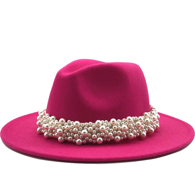 Горячая Женская шерстяная шляпа Fedora с жемчужная лента джентльмен элегантный Леди Зима Осень широкие полями церкви Панама Sombrero девушка джаз шляпа