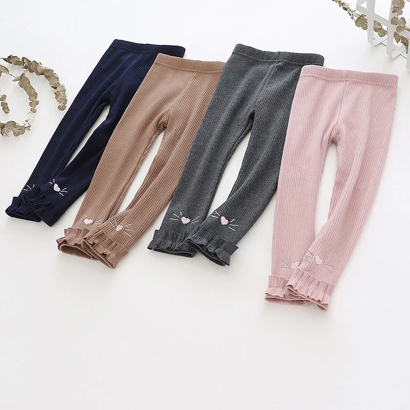 

2019 Autumn New Style-Crawler Girls Embroidery Lotus Leaf Korean-style Leggings Children Slim Fit Pure Cotton Pants