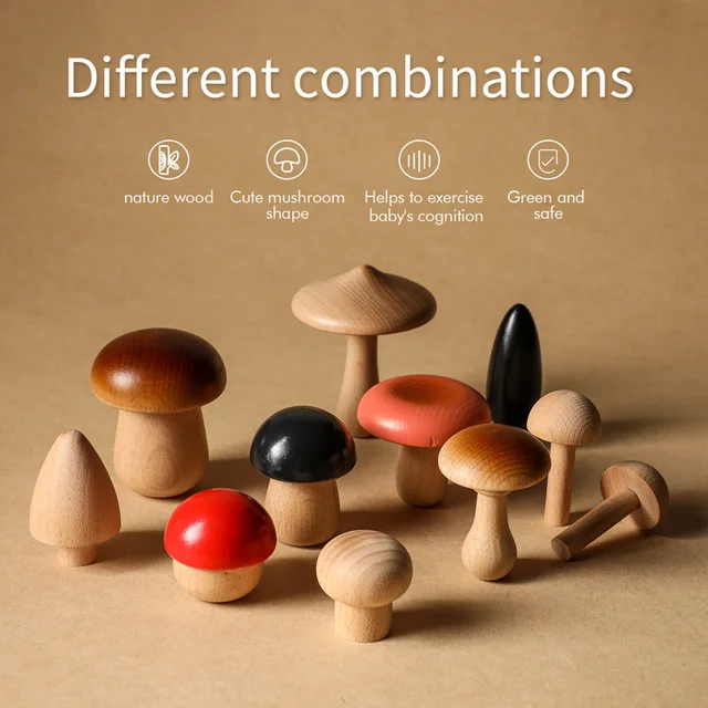 11PCS Wooden Mushroom Building Block Montessori Wooden Block Baby Grasp DIY Creative Toy Room Decoration 3