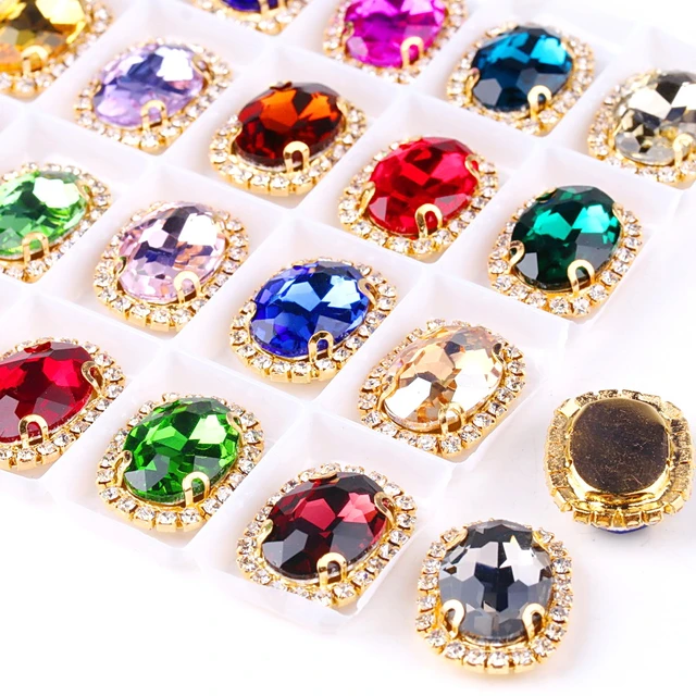 50pcs Multicolor Oval Claw Rhinestones Golden Flat Back Shiny Beads Trim  Sew On Rhinestones For Clothes Decoration