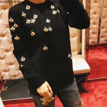 

Women's Wear Diamond Crystal Bee Round Neck Pullover Long Sleeve Sweater Knitting Shirt
