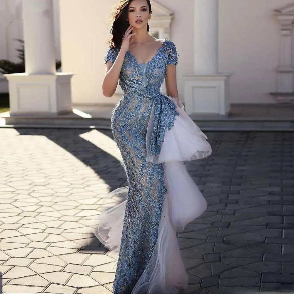 

Full Lace Beaded Mermaid Prom Dresses 2020 New V Neck Short Sleeve Layered Tulle Chic Evening Dress Arabic Formal Gown Maxi Robe