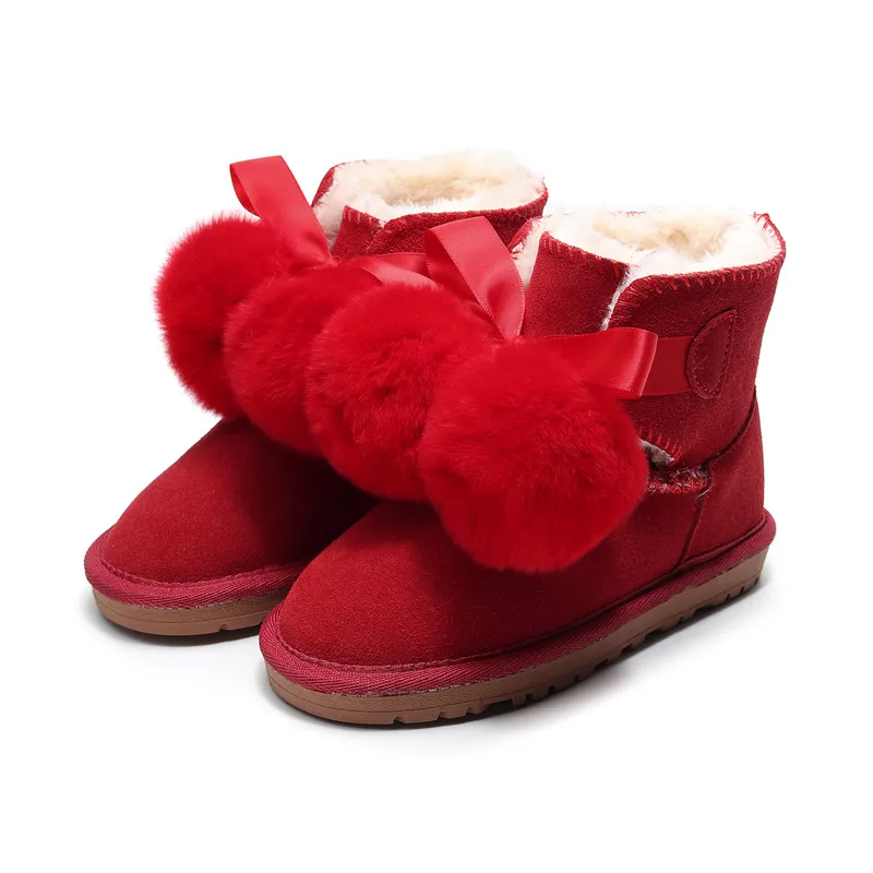 Настоящий помпон лисий мех девушки зимние сапоги из натуральной австралийской овчины дети теплые зимние пинетки противоскользящие уличные утолщенные меховые ботинки - Цвет: Красный