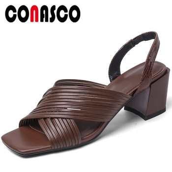 

CONASCO 2020 Summer Genuine Leather Women Sandals Pumps Euro Style Fashion Concise Casual Narrow Band Thick Heels Shoes Woman