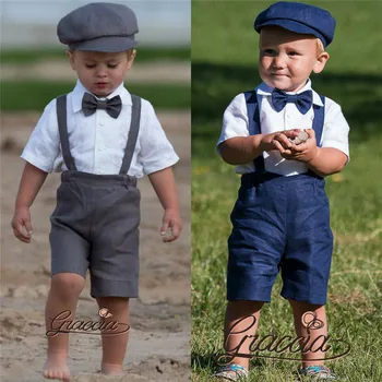 

2pcs Baby Boys Clothes Set White Short Sleeve Shirt For Boys Outfits Blue Brown Overalls Baby Set Gentleman Newborn Clothing Set
