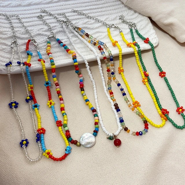 Acedre Boho Layered Beaded Necklaces Colorful Beads Choker Necklace  Handmade Cute Chokers Set Beach Adjustable Neck Jewelry for Women and Girls  (7PCS)