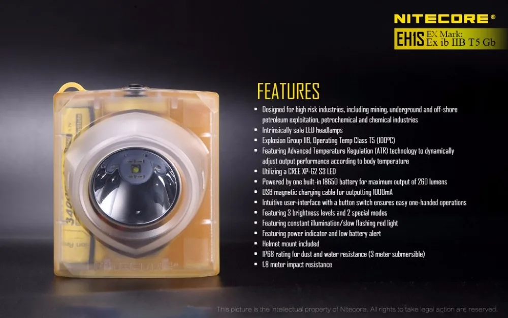 NITECORE EH1S 5 взрывозащищенный режим XP-G2 S3 светодиодный спасательный фонарь+ usb-кабель для зарядки+ адаптер+ клейкое крепление+ 3400 мАч