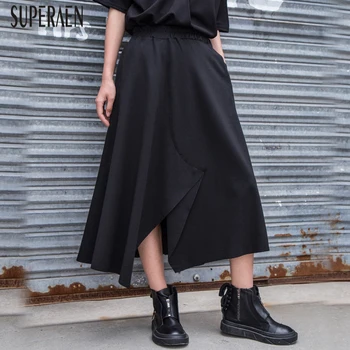 

SuperAen 2020 Spring and Summer New Irregular Women Skirts Solid Color Cotton Wild Ladies Skirts Europe Elastic Waist Skirts