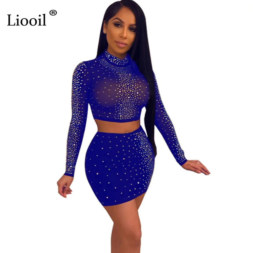 Liooil Rhinestone Mesh Sheer Tight Two Piece Set Party Club Outfits Women Long Sleeve O Neck Sexy Crop Top And Mini Skirts