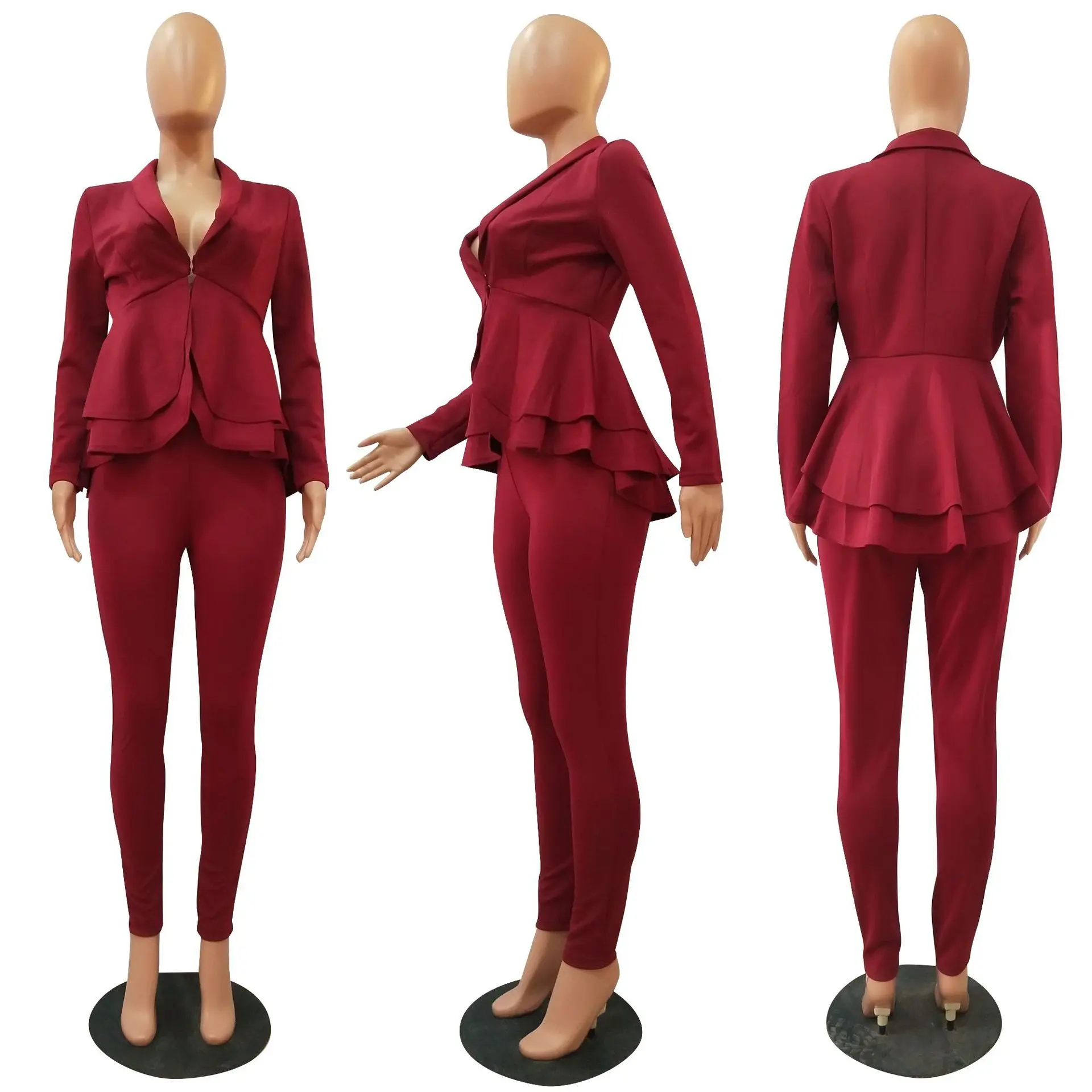 Женский короткий жакет из двух частей+ длинные штаны для офисной леди, осенне-зимний костюм для женщин, комплект из двух предметов, Одноцветный, размера плюс - Цвет: burgundy