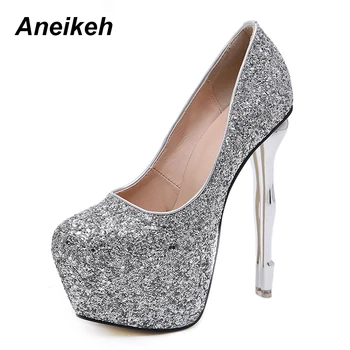 

Aneikeh 2020 Spring Fashion Bling PU Women 16CM Platform Pumps Round head Thin High Heel Shoe Super Heels Nightclub Party Pumps