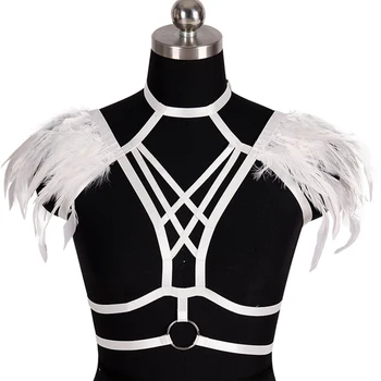 

White Feather Epaulets Harness Cage Bra Strappy Tops Shoulder Angel Wings Bralette Goth Rave Adjust Plus Size Sexy Lingerie