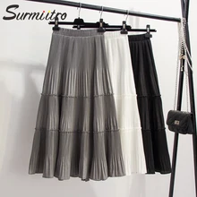 Женская юбка миди SURMIITRO, чёрно-серая белая юбка плиссированная с высокой талией в корейском стиле для женщин осень зима