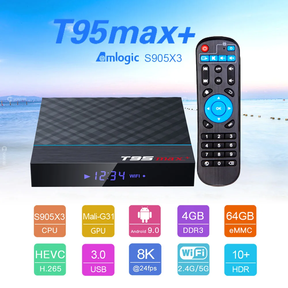 T95 MAX Plus Smart tv Box S905X3 64 Bit Android 9,0 4GB rom 64GB ram tv Box 2,4G+ 5G двухдиапазонный WiFi UHD 8K Media Playr PK X96 Air