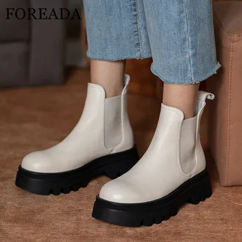 

FOREADA Chelsea Boots Woman Natural Genuine Leather Med Heel Ankle Boots Platform Thick Heel Short Boots Ladies Shoes Beige 40