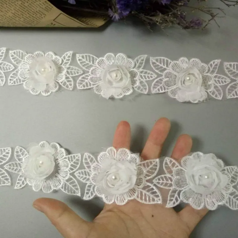 2 ярд растворимый цветок белая роза Жемчуг шифон вышитая кружевная отделка Лента из ткани ручной работы винтажное свадебное платье шитье ремесло