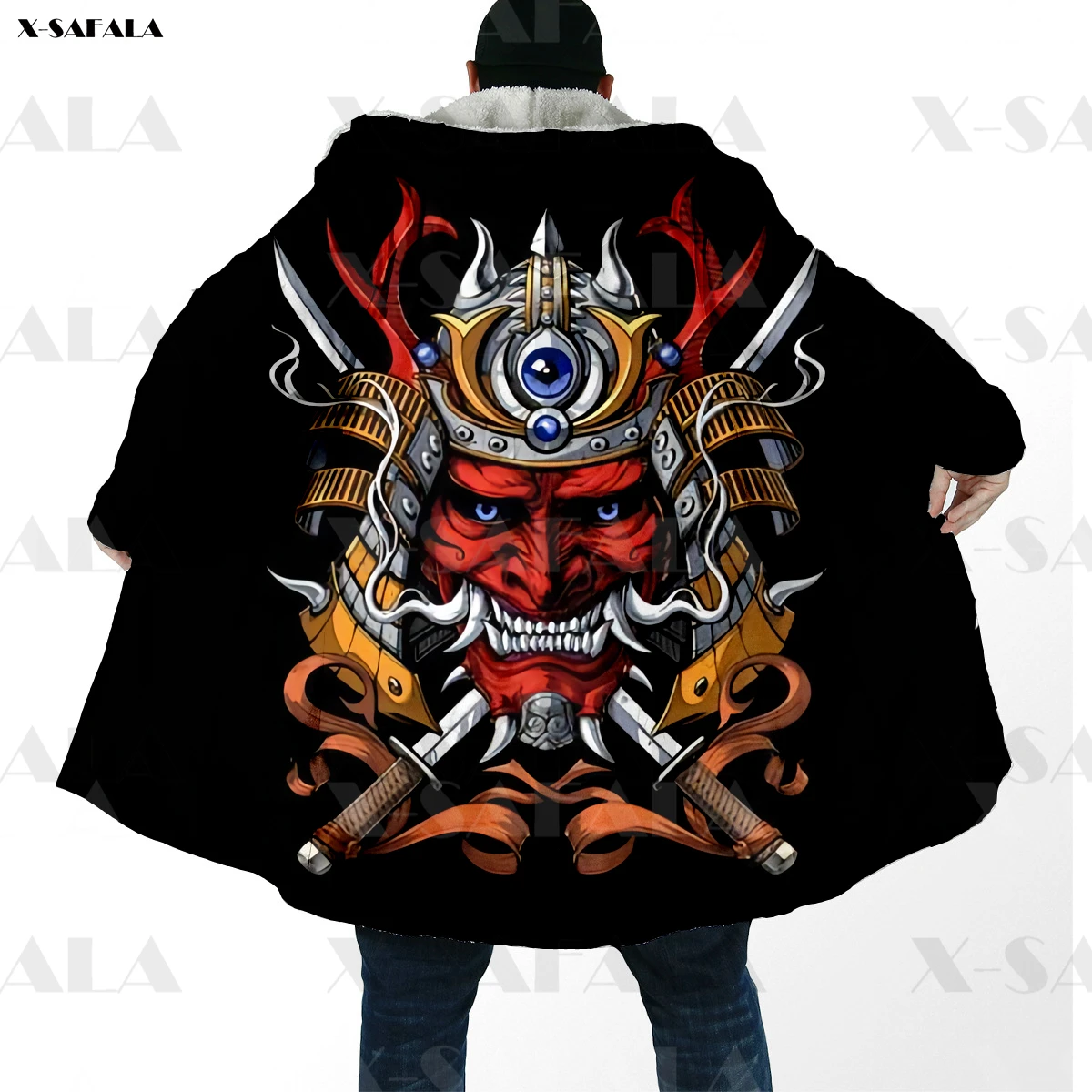 Samurai Demon Mask Printed Hoodie Coat Hooded Blanket Cloak Thick