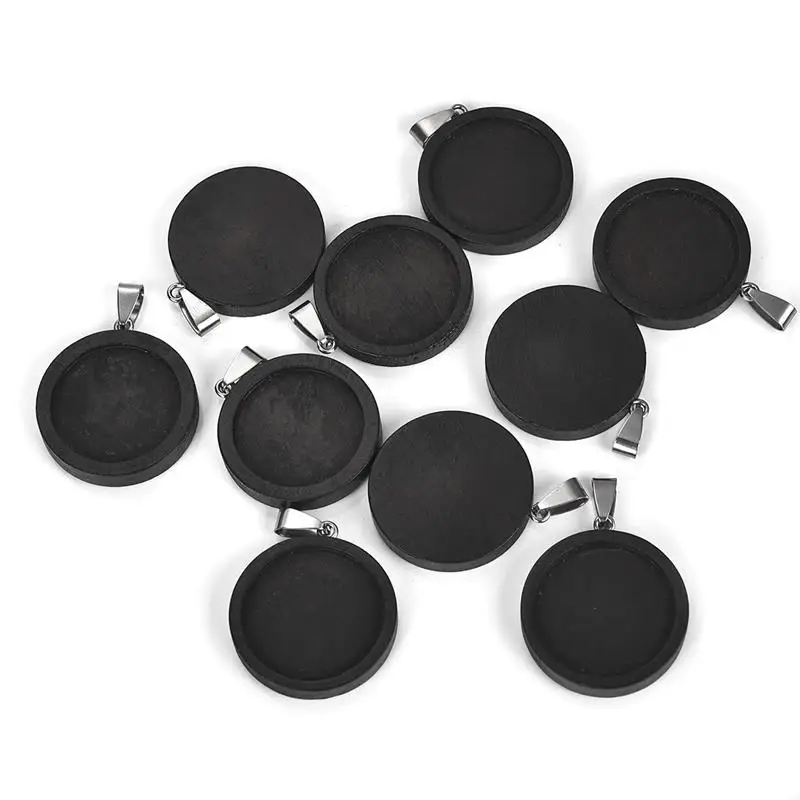 Black 25mm 10pcs 10 шт./лот 25/30 мм Дерево Кабошон База Установка Нержавеющая сталь крюк круглые лотки ободок пустой кулон подвески для бижутерии, материал для рукоделия - Цвет: Black 25mm 10pcs