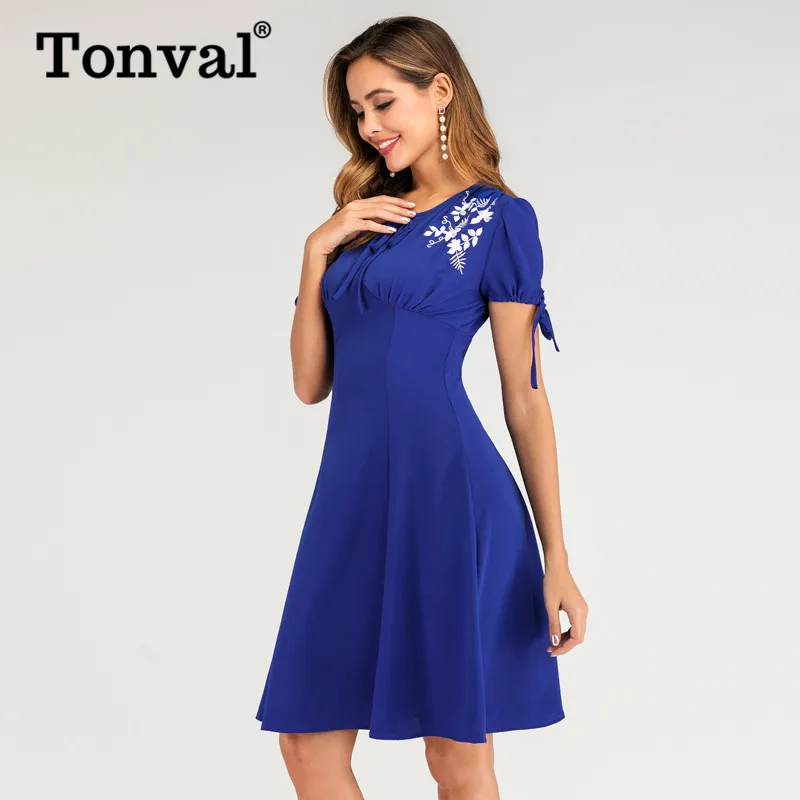 Tonval, винтажное, с завязками спереди, с цветочной вышивкой, с рюшами, элегантные, вечерние, свободное платье для женщин, лето, с круглым вырезом, синее, повседневное, ТРАПЕЦИЕВИДНОЕ ПЛАТЬЕ