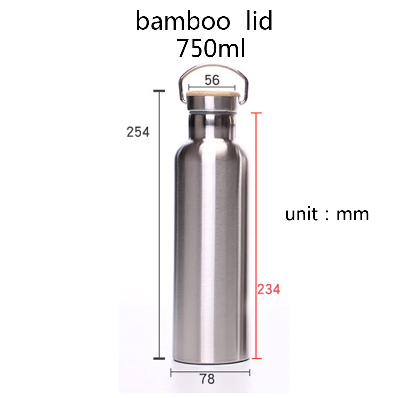 750ml bamboo lid Термос из нержавеющей стали с двойными стенками, бутылка для воды для путешествий, кемпинга, пеших прогулок - Цвет: 750ml bamboo lid
