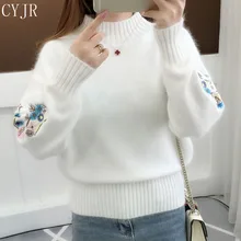 Women Knitted Sweater Floral Embroidery Thick Sweater Pullovers 2020 Autumn Winter New Long Sleeve Turtleneck Sweaters