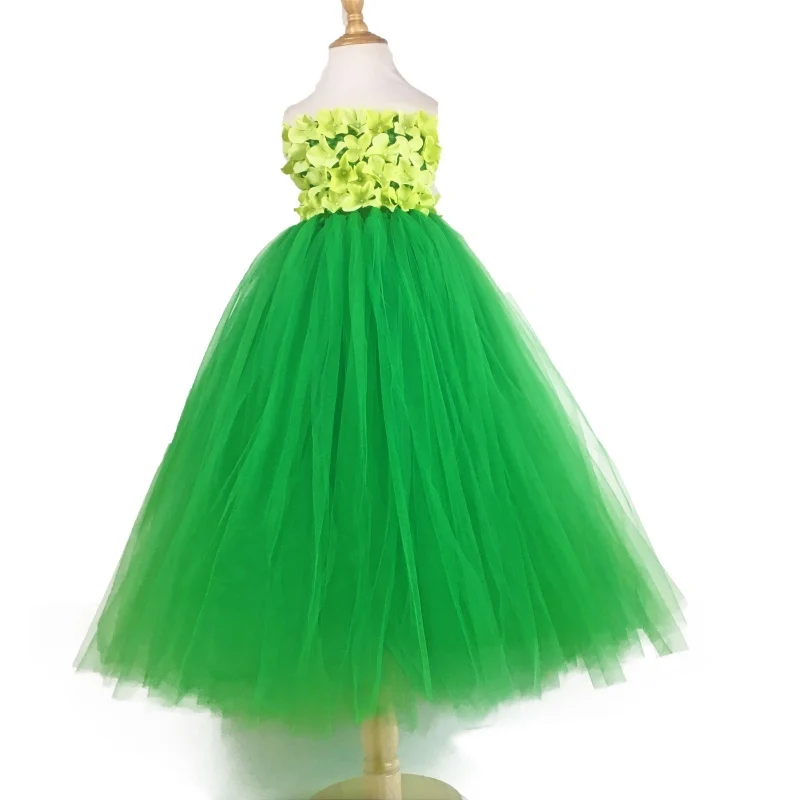 Зеленое сказочное платье-пачка с жемчужинами и лепестками цветов для девочек; детское платье с корсетом «кроше»; бальное платье с бантом для волос; Детский карнавальный костюм; платья