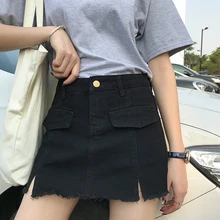 Летняя Модная Джинсовая юбка для женщин, синяя черная джинсовая юбка, женская школьная юбка с кисточками и пуговицами