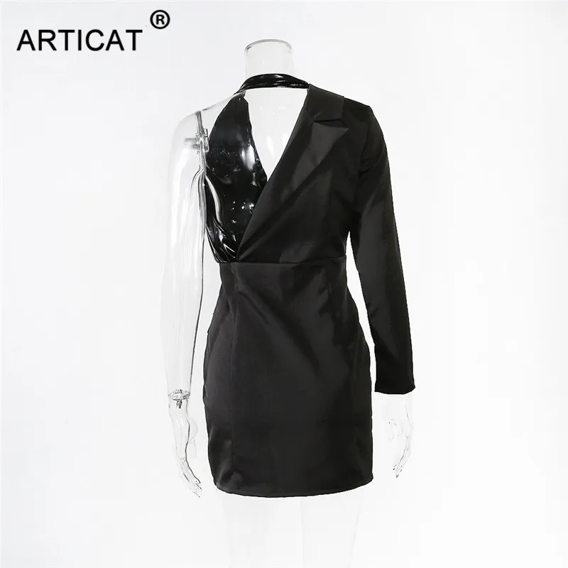 Articat элегантное платье из искусственной кожи на одно плечо, Женское пальто с глубоким v-образным вырезом, женское осеннее платье, зимние платья для вечеринок Vestidos