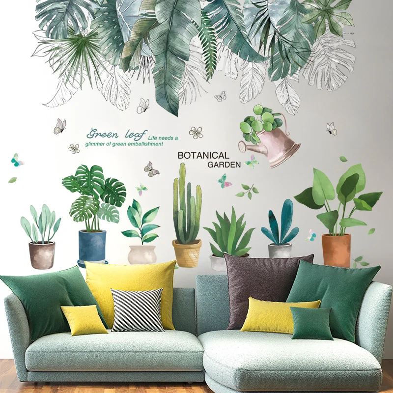 

[shijuekongjian] Pot Plant Wall Stickers DIY Tropical Tree Leaves Mural Decals for House Living Room Bedroom Shop Decoration