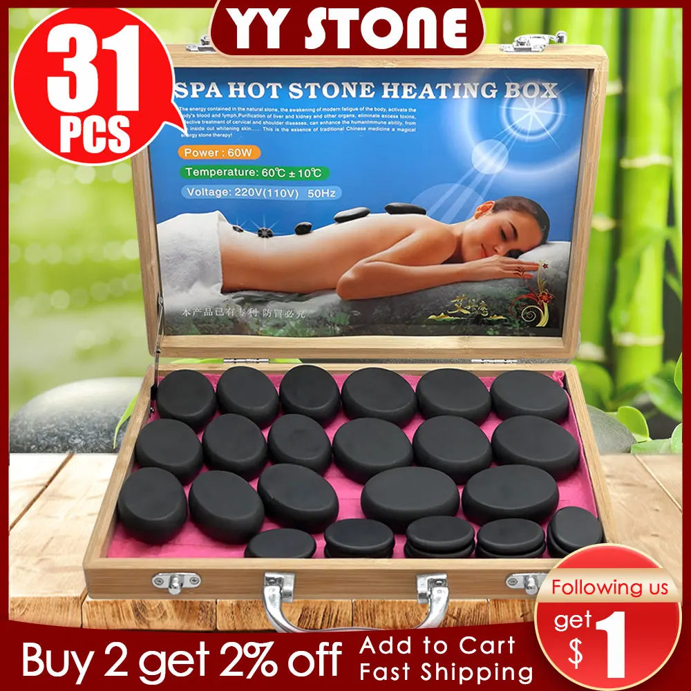 Tontin 31 Pz/Set Hot Stone Massage Set Tool Basalt Massage Stones 220V/110V Bamboo Heater Box Ce Rohs Round Stone Massager