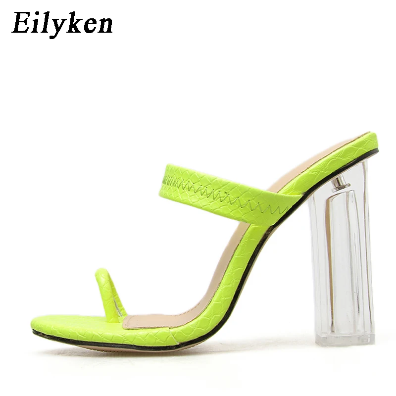 Eilyken/летние женские шлепанцы; Вьетнамки с прозрачным квадратным каблуком из эластичной ткани; пикантные шлепанцы; флуоресцентный зеленый цвет - Цвет: Green