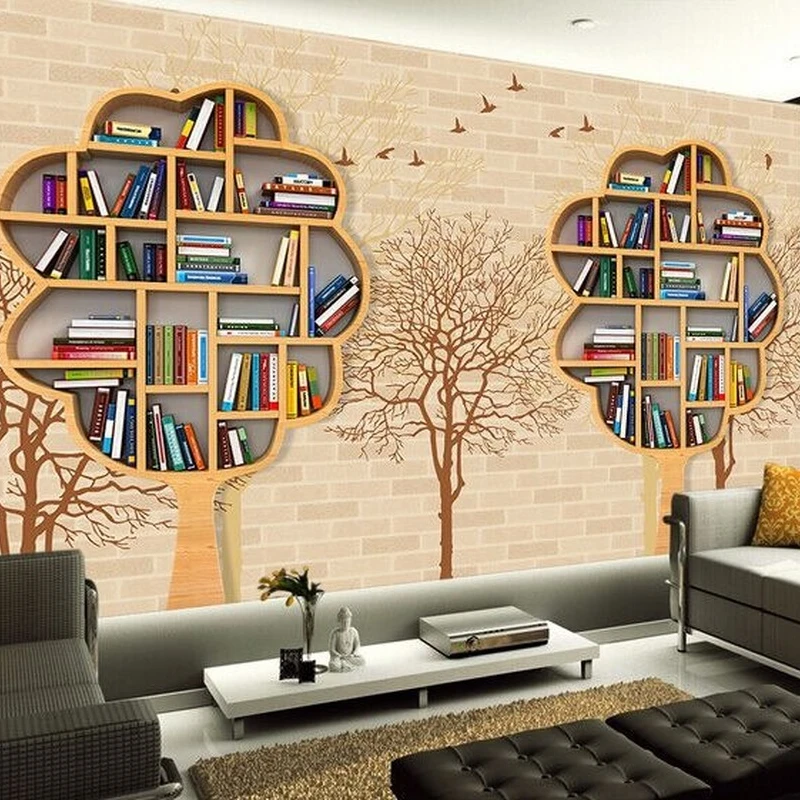 New 8D Large bookcase Mural Bookshelf 3d Bricks Wallpaper 3D Wall paper for Living Room Sofa TV Background | Обустройство дома