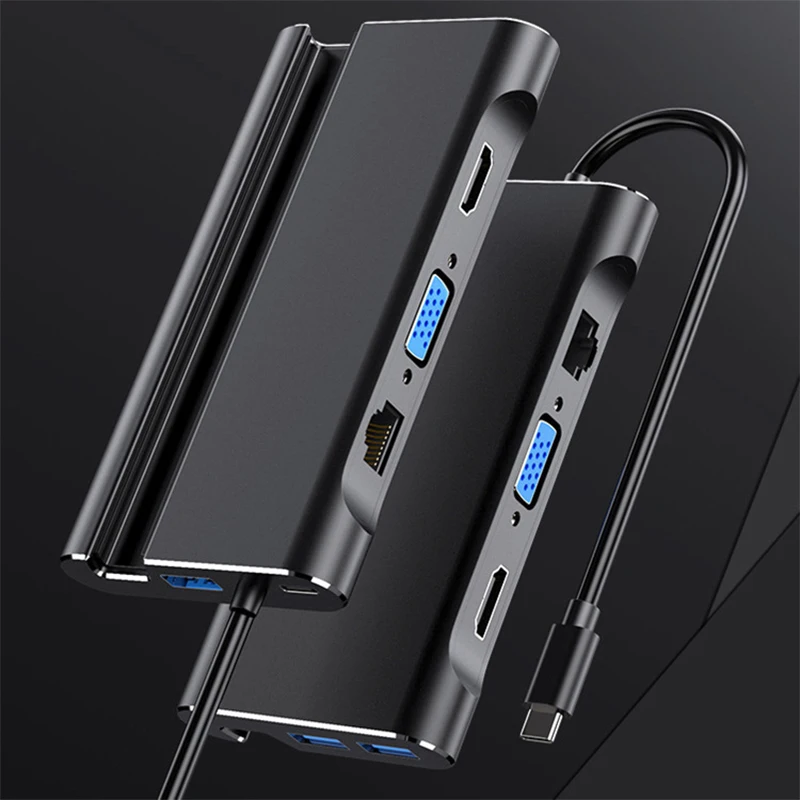 USB Type C 3.1 Gen 1 to 4K HDMI 1080P VGA Video Hub 1000M RJ45 USB 3.0 USBC PD Metal Shell Holder D
