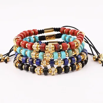 High Quality Natural Stone Tiger Eye Turquoise CZ Pave Charm Beaded Braided Luxury Macrame Friendship Bracelet Women Men