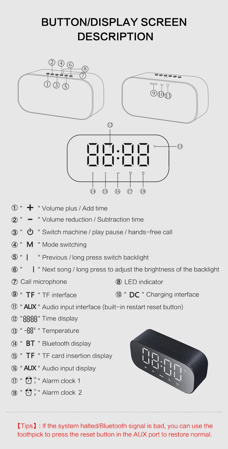 Bluetooth динамик с fm-радио Светодиодный Настольные часы беспроводной зеркальный будильник сабвуфер музыкальный плеер Повтор