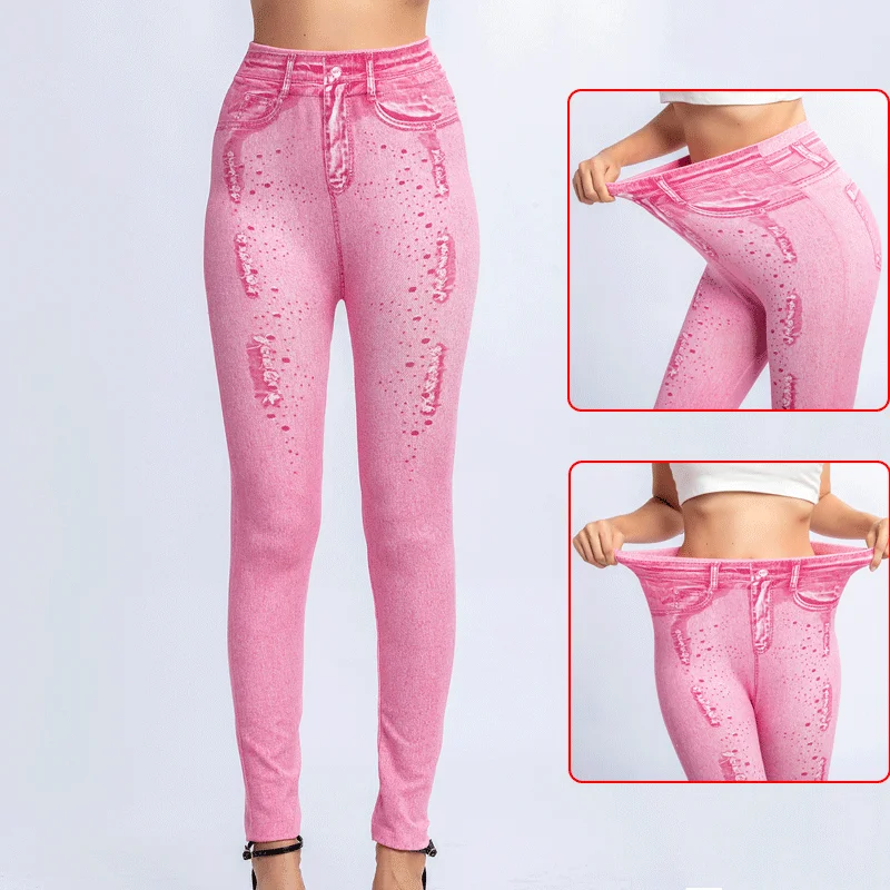 

Trendy Pink Imitative Jeans Leggings High Waist Denim Leggings Street Wear Hip Lift Long Pants Breathable Riding Stretch Pants