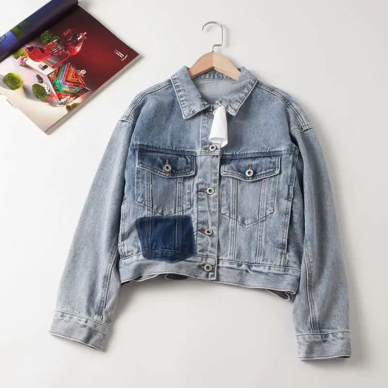 

Europe And America WOMEN'S Dress 2019 Autumn And Winter New Style Fold-down Collar Contrast Color Jeans Coat Casual Jacket Women