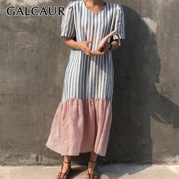 

GALCAUR Casual Striped Women's Dress O Neck Short Sleeve Oversize Loose Midi Dresses Female Clothes 2020 Fashion Summer New