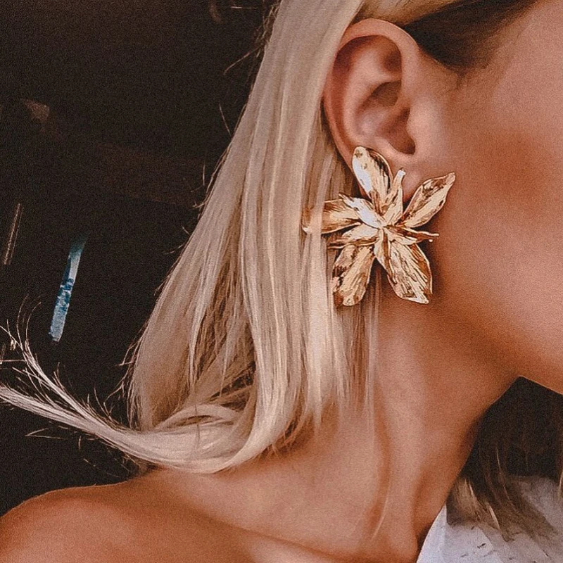 FNIO Elegance Gold Silver Color Big Flower Drop Dangle Earring for Women Trendy Metal Floral Earrings Party Jewelry Pendientes | Украшения
