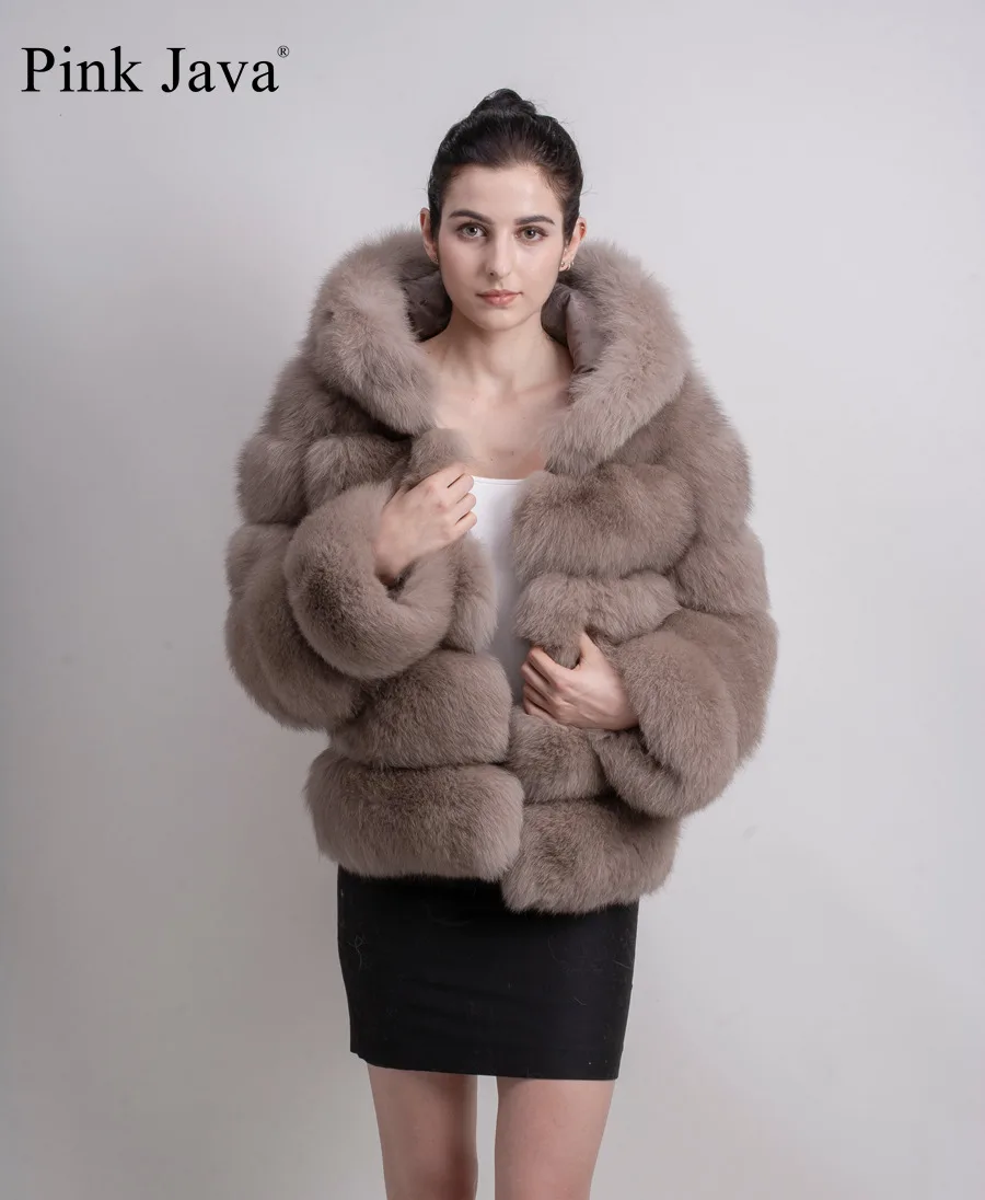 Розовая Java QC8143 новое поступление женское зимнее плотное меховое пальто из натурального Лисьего меха куртка с капюшоном стоячая верхняя одежда с воротником толстовки из лисьего меха