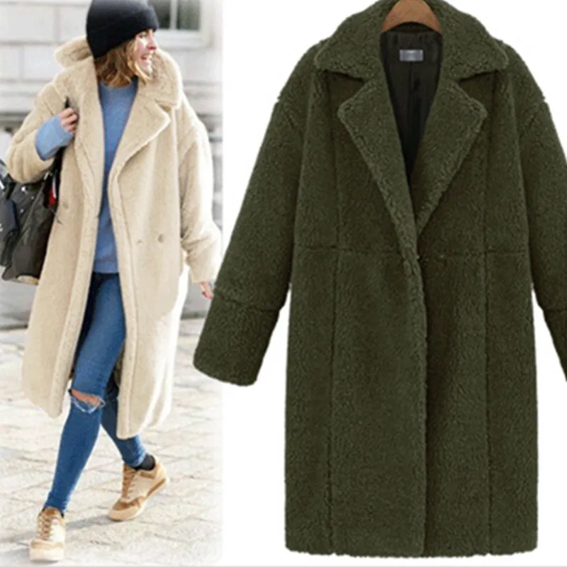 long sleeve turn down collar female long coat new style solid cashmere long woman coats winter wide waist