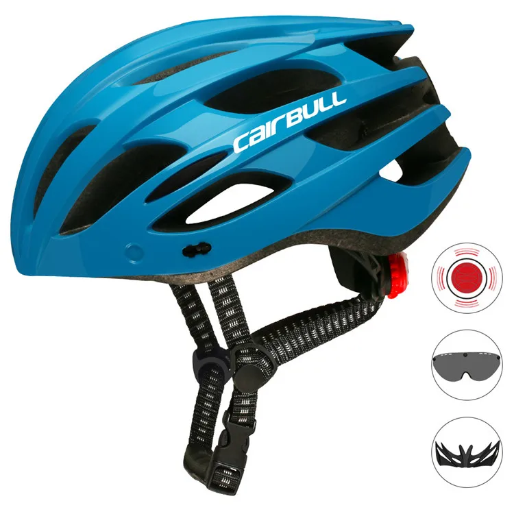 Cairbull Light Cycling Helmet with Removable Visor Goggles Bike Taillight Intergrally-molded Mountain Road MTB Helmets 226g - Color: blue with 1 lens