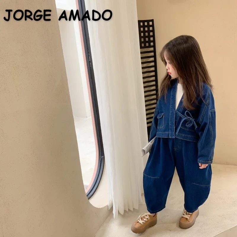 2021 New Spring Korean Style Kids Girls Boys 2-pcs Sets Denim Pocket Jacket + Wide Leg Pants Children Clothes E168 | Детская одежда и