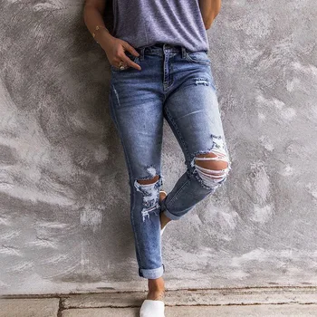

Women Mid Waisted Skinny Hole Denim Button Stretch Slim Pants Calf Length Jeans Women Stretch Ripped Distressed Denim Pants
