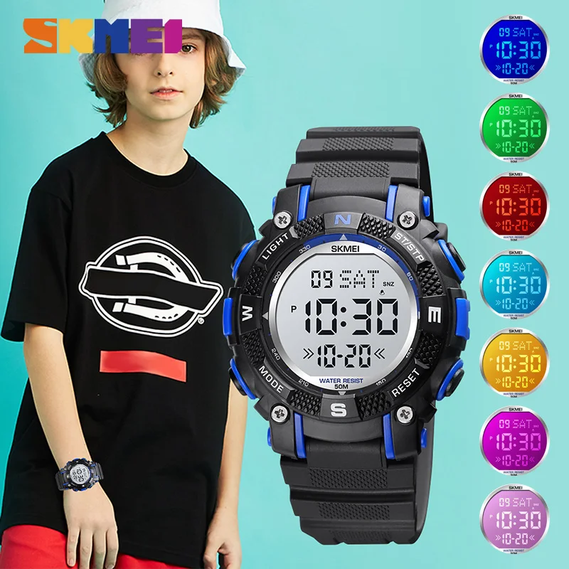 SKMEI Colorful LED Kids Watches 2 Time Digital Children Watch Sport Waterproof Boys Girls Alarm Clock montre enfant 1613 Hour afbeelding