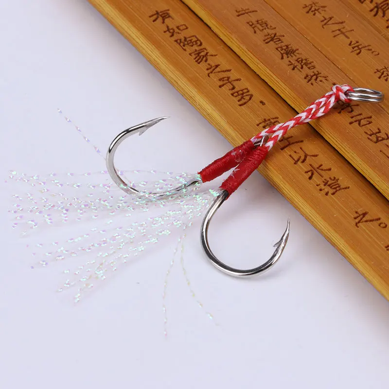 

3pair/lot Fishing Cast Jigs Assist Hook Barbed Double PairHooks Thread Feather Pesca High Carbon Steel fishing lure slow jigging