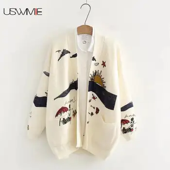 

Woman Sweater Knitting New Japanese Mori Girl V-neck Jacquard Long Sleeve Cartoon Printing Plus Size Cardigan Sweater Winter